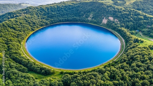 Circular reservoir nestled in a lush valley