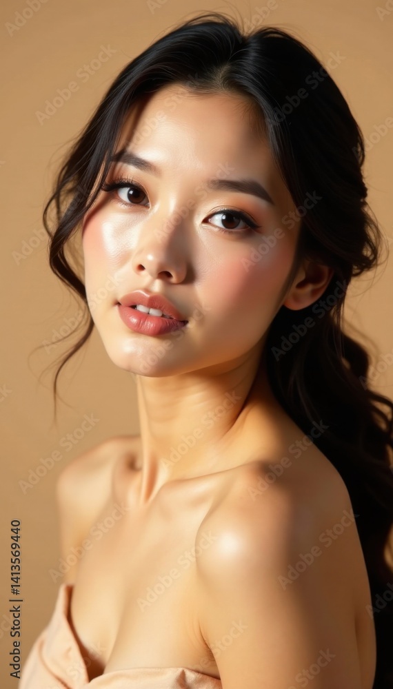 Obraz premium Stunning Asian woman with glamorous makeup against soft beige backdrop, glamorous, calm colors , beauty inspiration