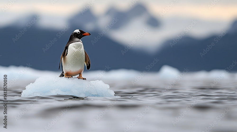 Naklejka premium A Majestic Penguin Standing Proudly on a Floating Piece of Ice in Nature