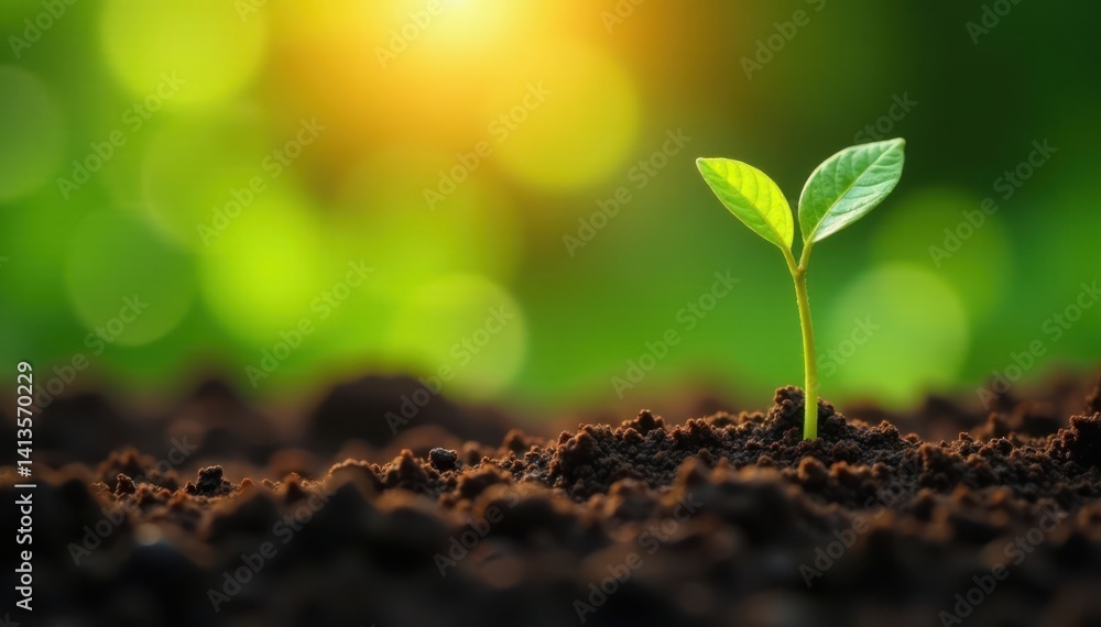 Fototapeta premium Tiny coffee bean seedlings stretch towards sunlight in lush greenery, sunshine, natural
