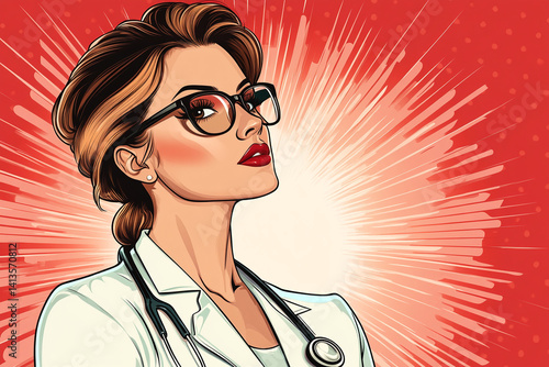 Confident female doctor in glasses, radiating power and professionalism.  A pop art style illustration.