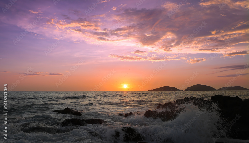 Mazatlan beaches, sunsets and scenic slow motion ocean swells and waves near Malecon sea promenade.