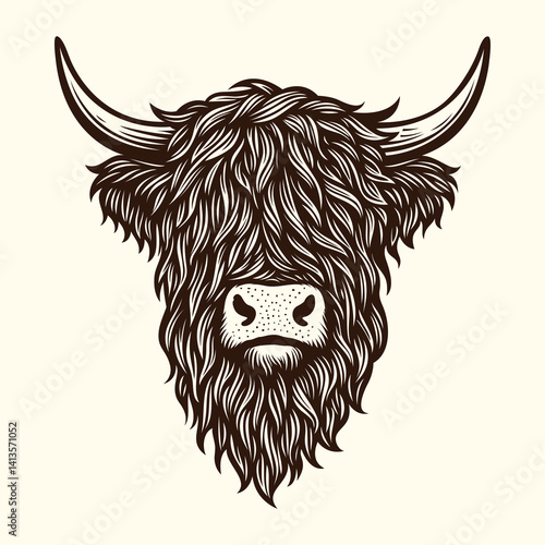 Highland Cow Head Vector Illustration – Rustic Farm Animal Clipart with Long Hair and Horns