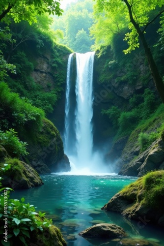 Waterfall with lush greenery, landscape, tranquil
