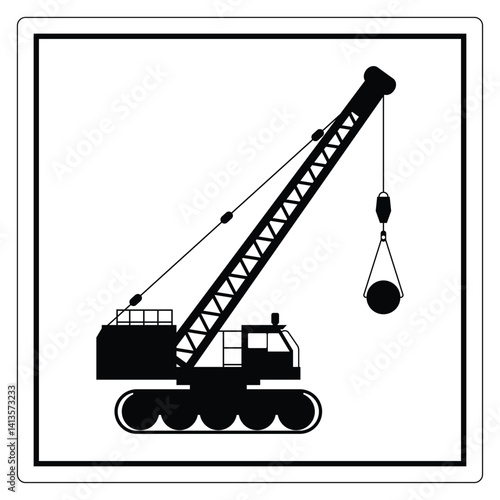 Black silhouette of a construction crane with a load on a white background