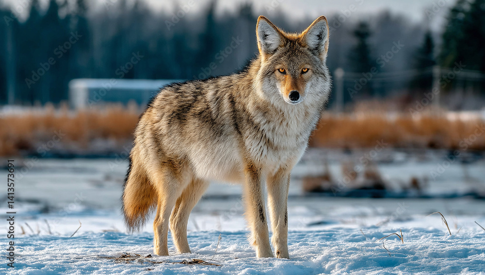 Obraz premium A coyote stands alert in a snowy landscape, its fur blending with the winter scene. The sun highlights its fur.