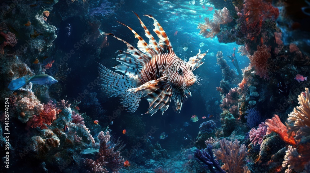 Striking lionfish gliding amidst a vibrant coral reef ecosystem's biodiversity Striking lionfish gliding amidst a vibrant coral reef ecosystem's biodiversity