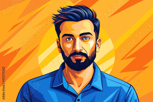 vector of Calm bearded young man in casual blue shirt posing on yellow orange background studio portrait. People's honest feelings lifestyle concept. ...