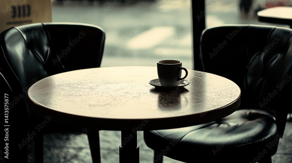 Obraz premium Rainy day coffee shop, empty table, two chairs, city view, quiet atmosphere, for cafe promotion