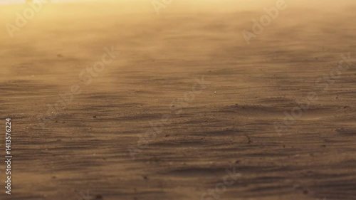 Golden sunset casting warm light over arid desert landscape, wind sweeping fine sand grains and creating dynamic, flowing patterns across desolate terrain