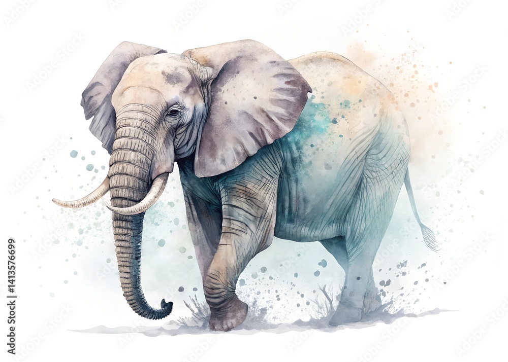 Fototapeta premium Majestic Elephant Watercolor: A stunning watercolor portrayal of an elephant, showcasing its massive form, graceful stride, and the delicate interplay of color and light.