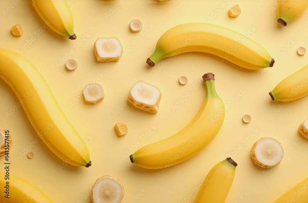 Fototapeta premium A vibrant flat lay showcasing whole bananas and sliced pieces arranged on a pale yellow background. The composition is bright, cheerful, and visually appealing.