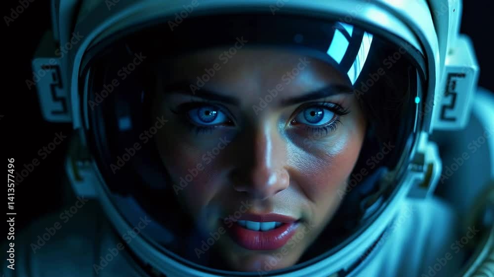 Astronaut with captivating blue eyes gazing intensely, set against a dark space backdrop Astronaut with captivating blue eyes gazing intensely, set against a dark space backdrop