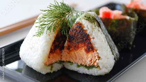 Rice ball with grilled salmon inside nori wrapping