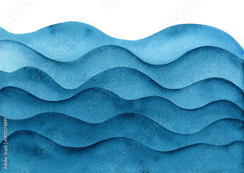 Artistic watercolour bright teal blue wavy layered paper cut border background. Hand painting aquamarine watercolor overlay sea waves frame for marine banner, invitation, nature poster design