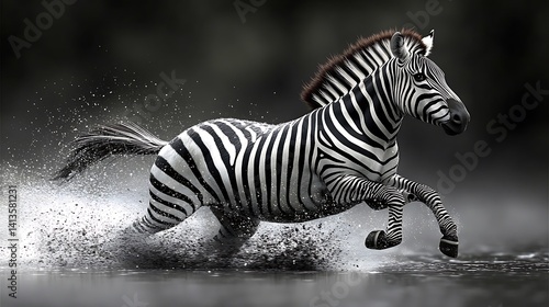 Striped zebra running monochrome wildlife photography