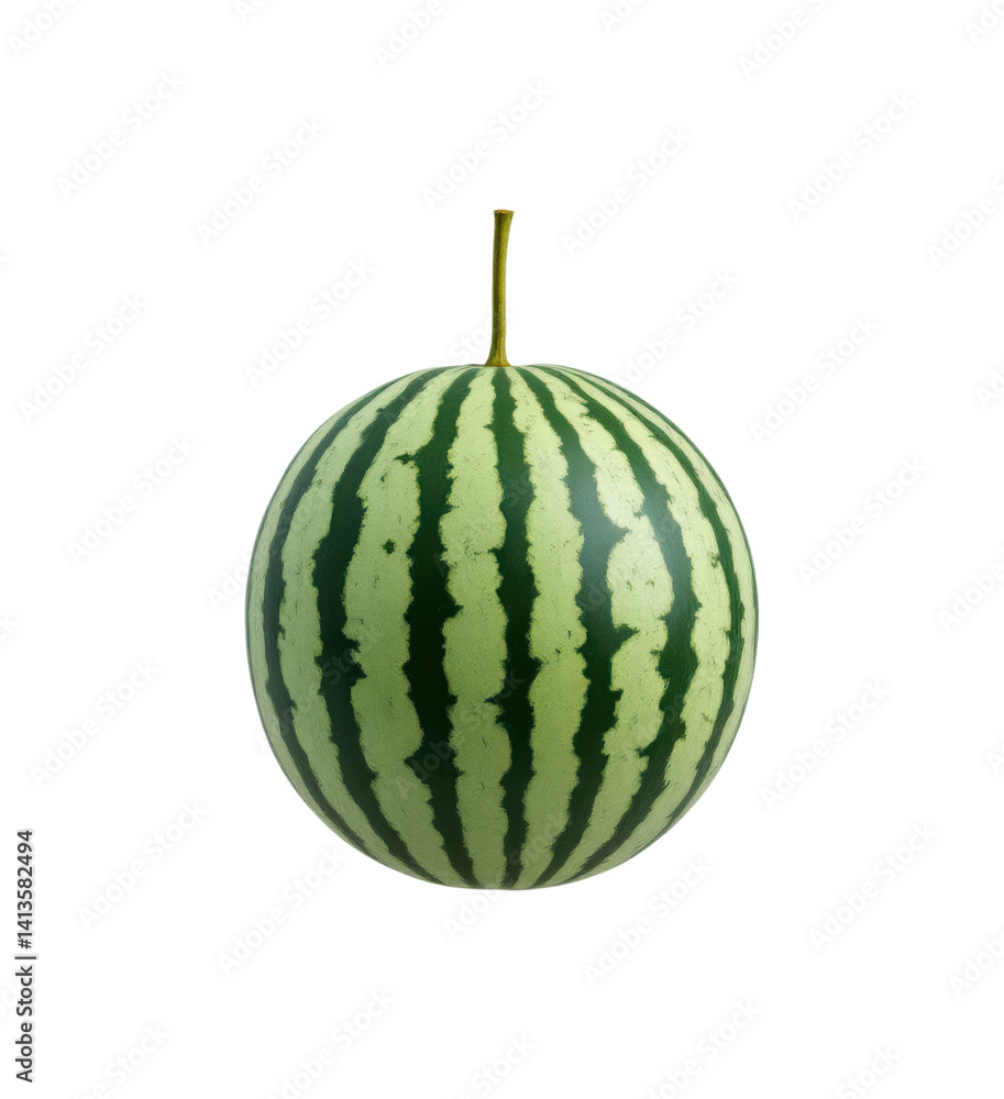 Fresh Whole Round Green Striped Watermelon with Stem, Perfect Spherical Summer Fruit with Natural Pattern Isolated on Transparent and White Background