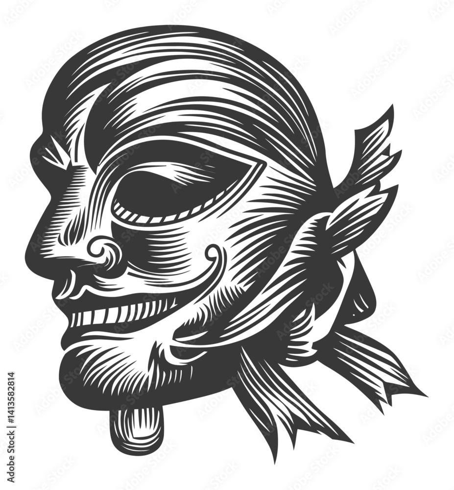 Naklejka premium Detailed Face Engraving Design with Ribbon and Expressive Features