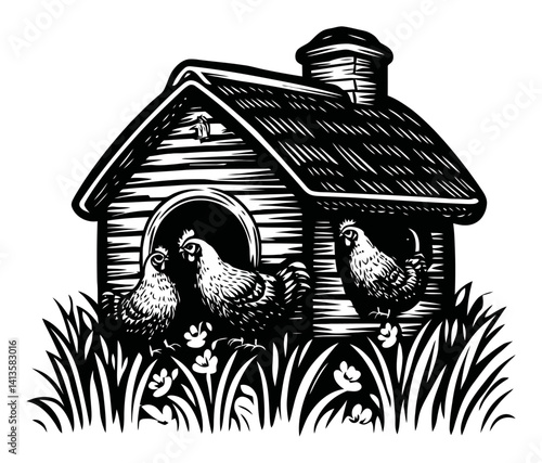 Rustic Woodcut Style Illustration of Chicken Coop with Chickens