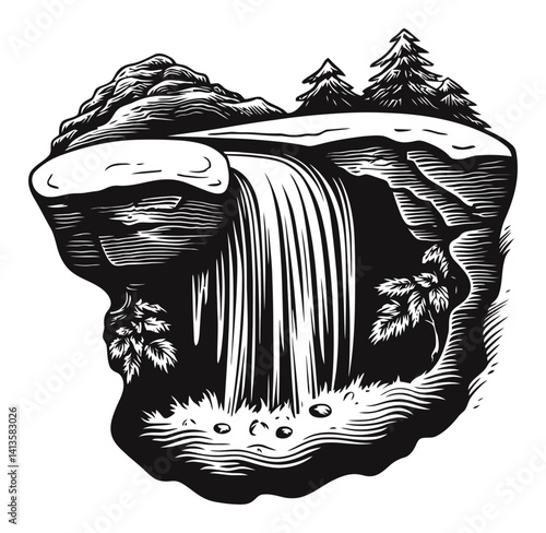 Scenic Woodcut Illustration of Waterfall and Mountain Landscape