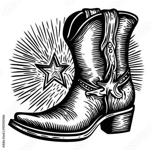 Original Woodcut Illustration of a Cowboy Boot with Star Design