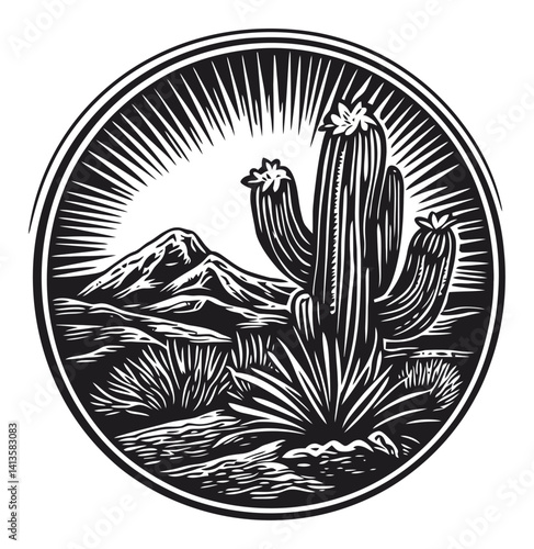 Black and White Engraving of Cactus and Mountains in Desert Landscape