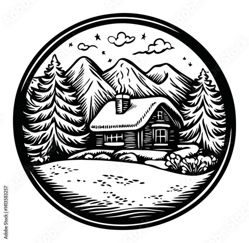Black and White Woodcut Print of a Cozy Cabin Surrounded by Nature