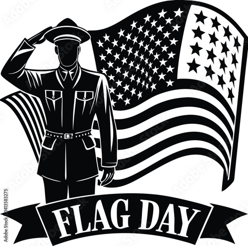 Silhouette of a soldier saluting in front of an American flag waving in the wind – patriotic Flag Day design.