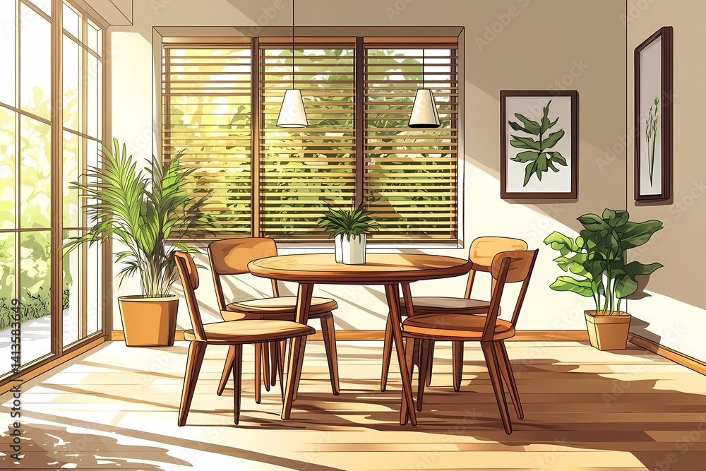 Obraz premium Minimalist Interior Design: Natural Light-Filled Dining Room with Wooden Table, Modern Decor and Inviting Greenery