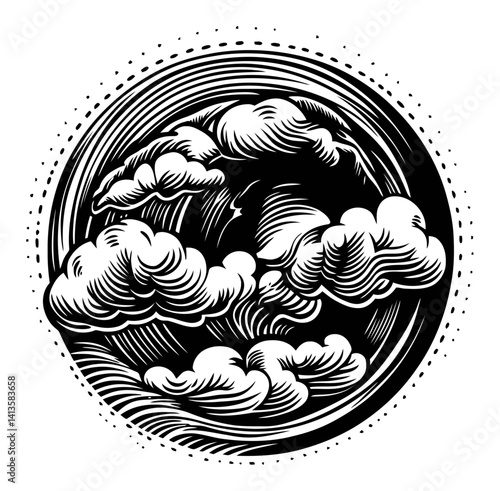 Intricate Woodcut Style Design of Clouds in a Circular Composition