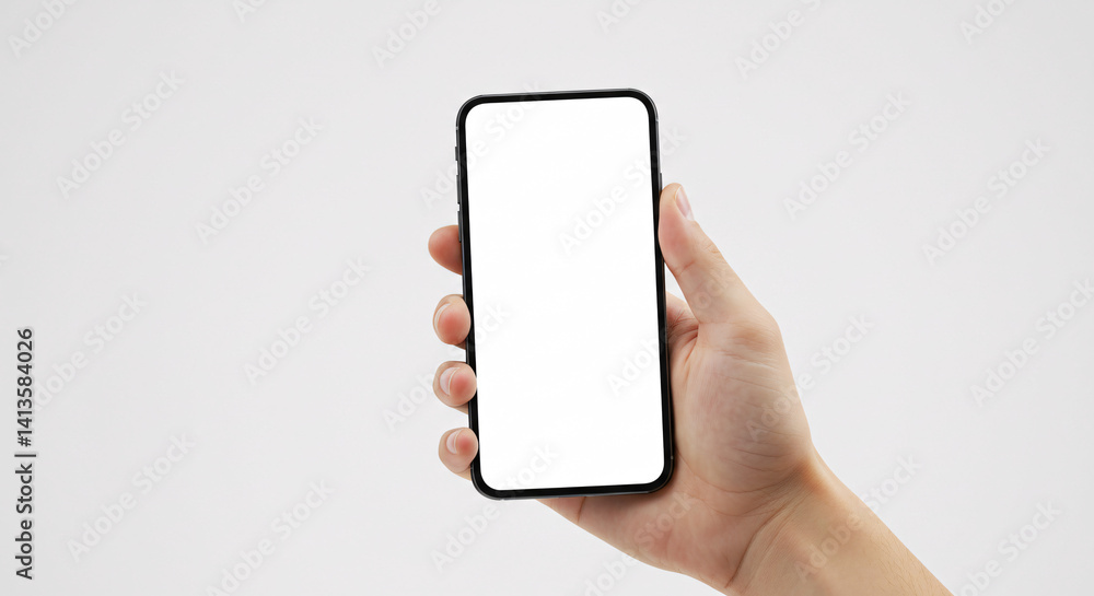 Smartphone in hand: A close-up shot shows a hand gracefully holding a modern smartphone, its blank screen offering endless possibilities. Explore the connection between technology and the user. Smartphone in hand: A close-up shot shows a hand gracefully holding a modern smartphone, its blank screen offering endless possibilities. Explore the connection between technology and the user.