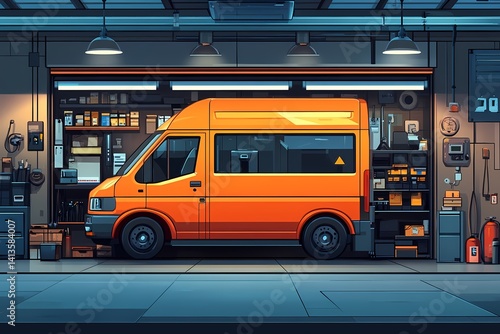 Modern Orange Van in Industrial Workshop: Automotive Tools, Storage, and Mobility Design