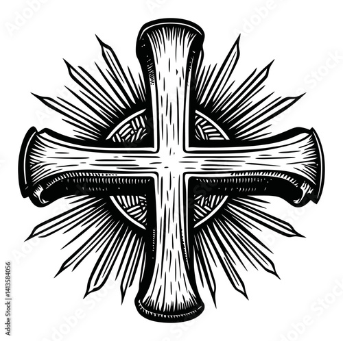 Detailed Woodcut Image of Cross with Radiating Sunburst Design