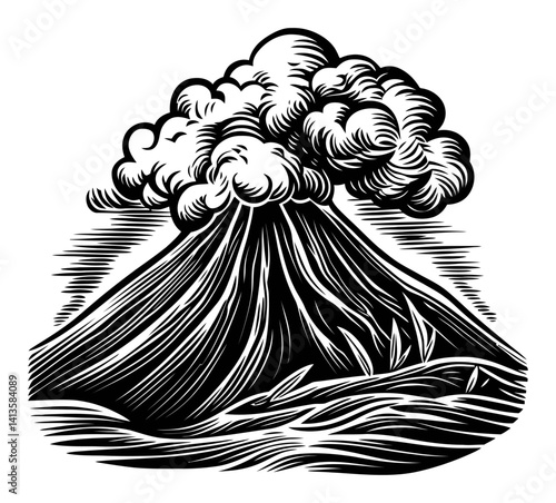 Black and White Volcano Woodcut Style Illustration with Clouds