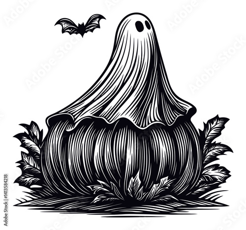 Vintage Style Engraving of Ghost and Pumpkin with Bat Silhouette