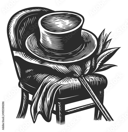 Vintage Woodcut of Hat and Chair with Decorative Elements