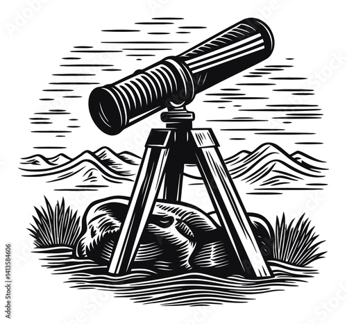 Classic Woodcut Telescope Design on Rocky Landscape Background