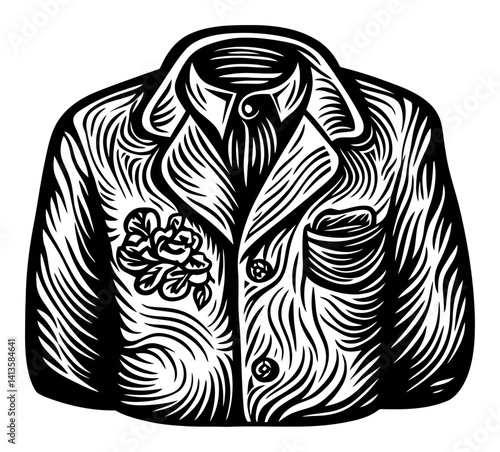 Artistic Woodcut Illustration of a Suit Jacket with Floral Design