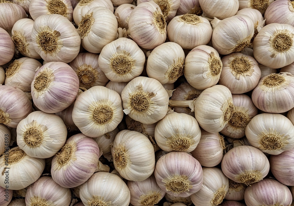 White garlic pile texture. Fresh garlic on market table closeup photo. Vitamin healthy food spice image. Spicy cooking ingredient picture. Pile of white garlic heads. White garlic pile texture. Fresh garlic on market table closeup photo. Vitamin healthy food spice image. Spicy cooking ingredient picture. Pile of white garlic heads.