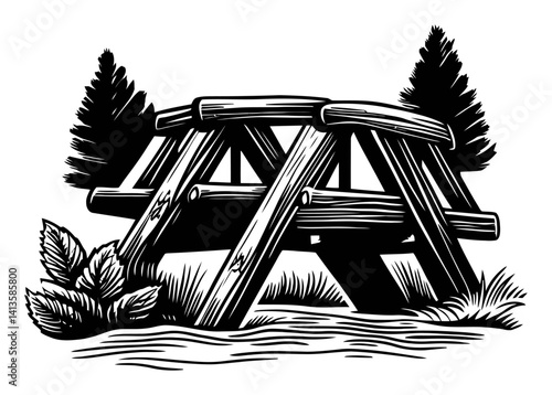 Black and White Woodcut of Rustic Picnic Table in Nature Scene
