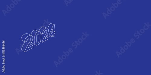 The outline of a large 2024 year symbol made of white lines on the left. 3D view of the object in perspective. Vector illustration on indigo background