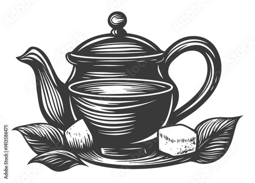 Elegant Woodcut Teapot Design with Leaves and Sugar Cubes