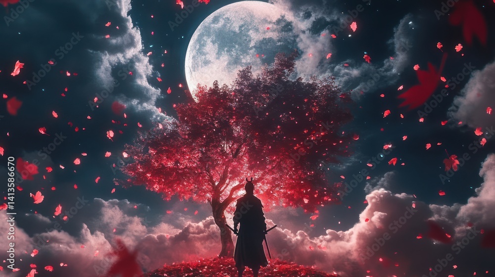Obraz premium Samurai under crimson moonlit tree, autumn leaves falling. Fantasy art, wallpaper