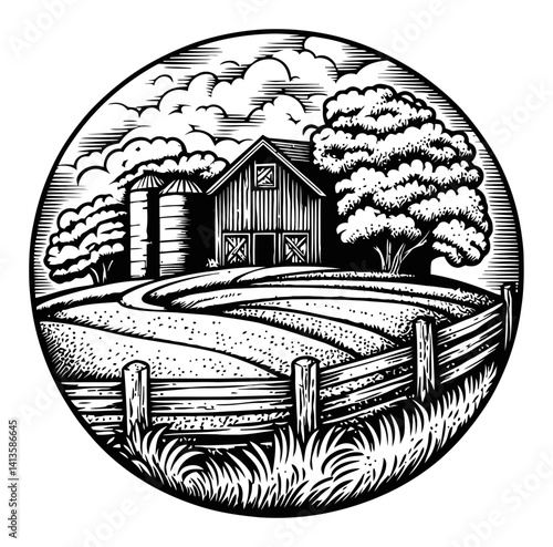Vintage Woodcut Style Farm Landscape with Barn and Trees