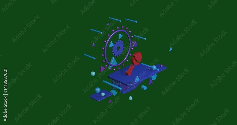 Obraz premium Red baby rattle symbol on a pedestal of abstract geometric shapes floating in the air. Abstract concept art with flying shapes in the center. 3d illustration on green background