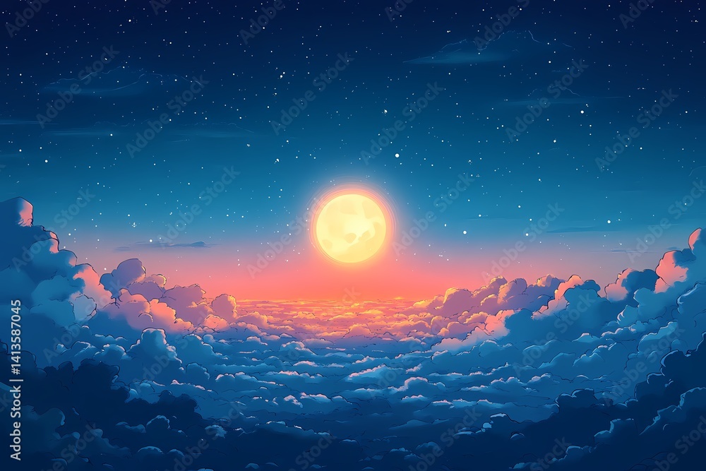 Fototapeta premium Stunning Anime Moonlight Nightscape: Digital Illustration of a Mystical Celestial Sky with Vibrant Colors