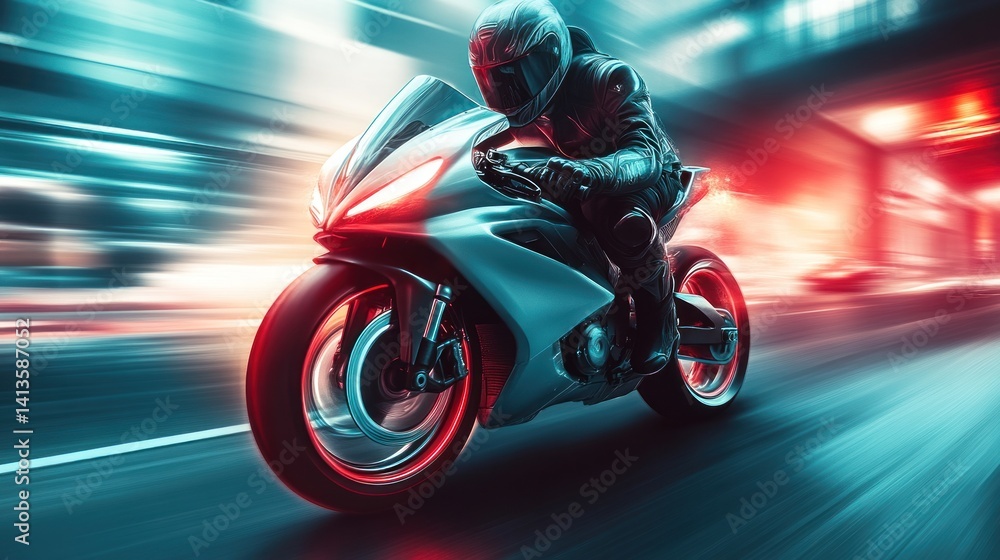 HighSpeed Motorcycle Ride Dynamic Action Shot of a Rider in Motion with Vibrant Lighting and HighSpeed Motorcycle Ride Dynamic Action Shot of a Rider in Motion with Vibrant Lighting and