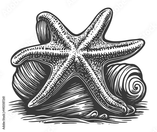 Detailed Engraving of a Starfish on a Shell for Artistic Use