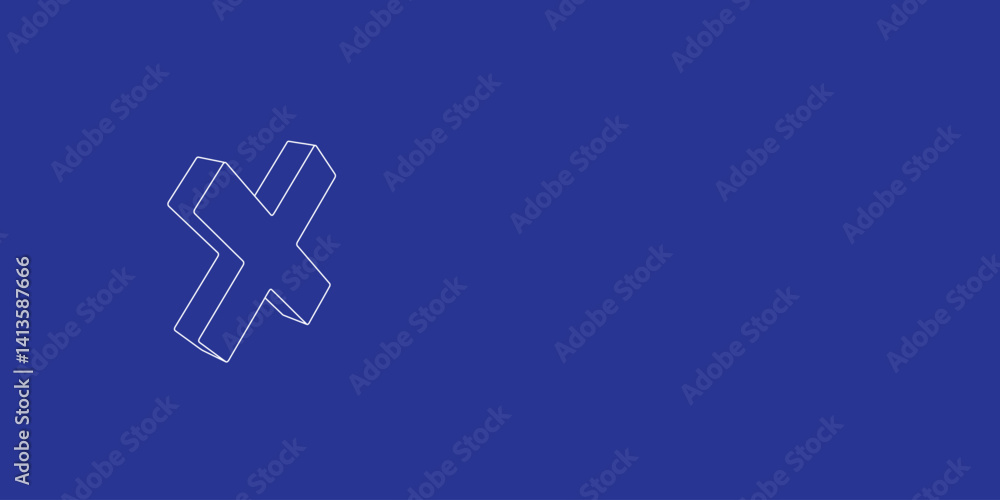 Obraz premium The outline of a large multiplication symbol made of white lines on the left. 3D view of the object in perspective. Vector illustration on indigo background