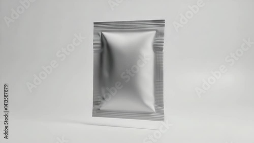 Silver foil packet or sachet floating on white backdrop with sleek, minimalist style for product package mock-up template.